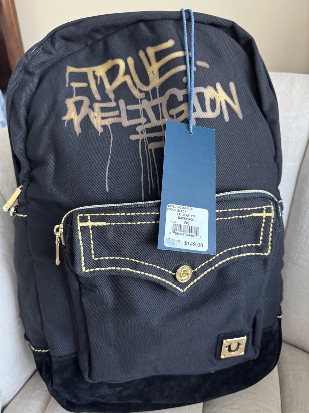 True Religion Black Backpack with Gold Graffiti and Stitching